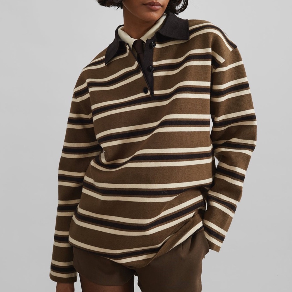 The Frankie Shop Royan Striped Polo - Khaki Multi Stripe